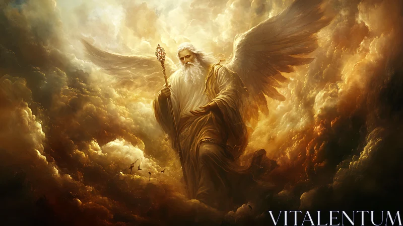 Winged robed figure holds staff amid dense illuminated clouds