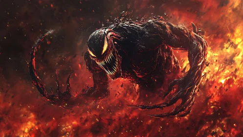 Infernal symbiote rising through swirling molten chaos.