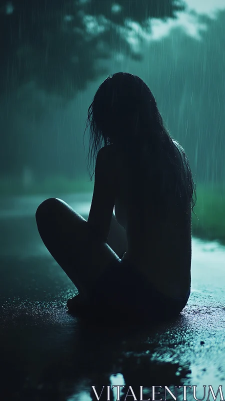 Silhouetted seated figure in rain on wet outdoor surface.