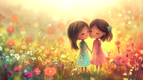 Two Girls Embrace in Luminous Wildflower Field at Golden Hour
