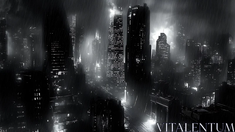 Monochrome neo-noir skyline renders rain-soaked megacity depth