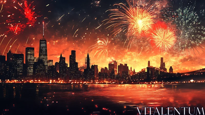 Firelit city skyline wrapped in glowing festival fireworks.