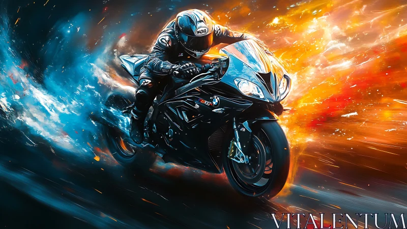 Rider between fire and ice streaks on a blazing superbike.