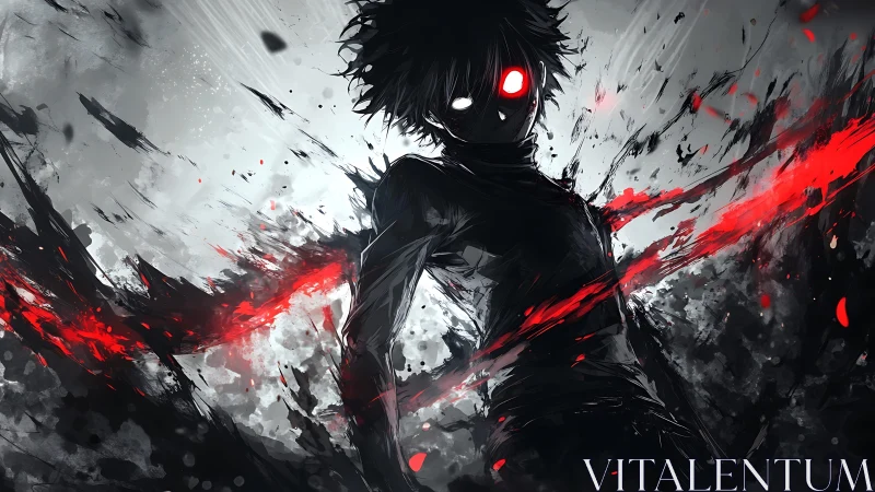 Silhouetted figure with dual eyes amid red energy streaks.