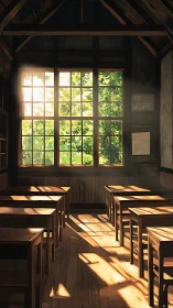 Sunlit wooden classroom interior with large grid window.