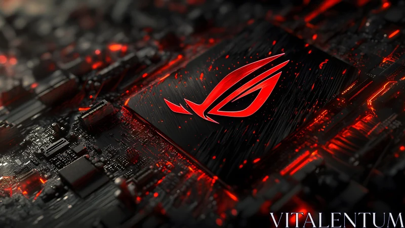 Glowing red ROG logo on futuristic circuit board digital art. Glowing red ROG logo on futuristic circuit board digital art.