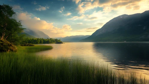 Mountain lake shoreline reflects soft evening sky light