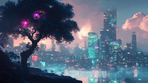 Bioluminescent tree silhouette facing neon holographic skyline.