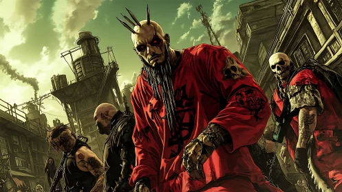 Skull-marked warlord strides through rusted apocalypse streets