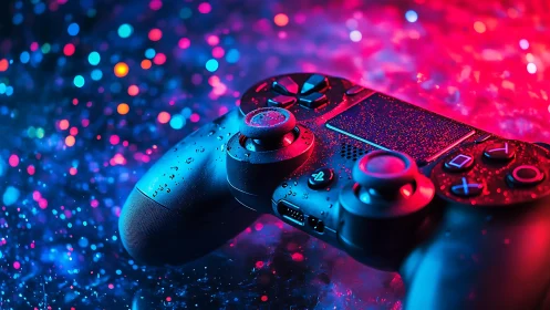 Game controller rests under neon bokeh with glossy droplets