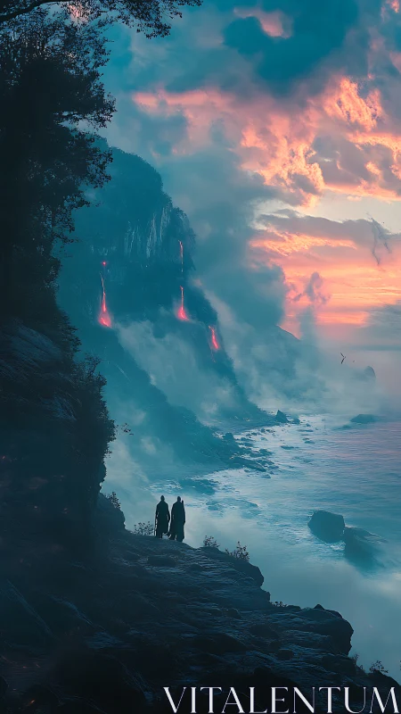Two travelers watching lava falls beneath a dreamlike sky.