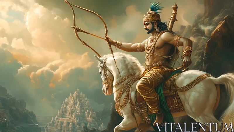 Mythic archer on white horse before distant temple.