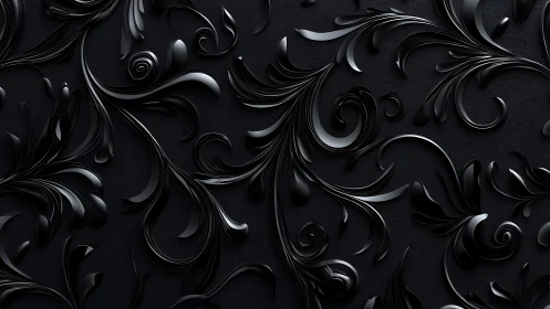 Glossy black baroque scrollwork abstract surface pattern.