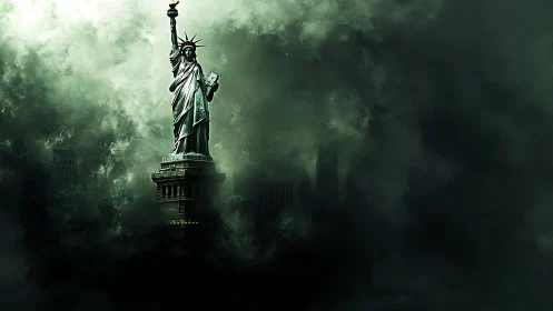 Liberty’s lone torch cuts emerald gloom above drowned city