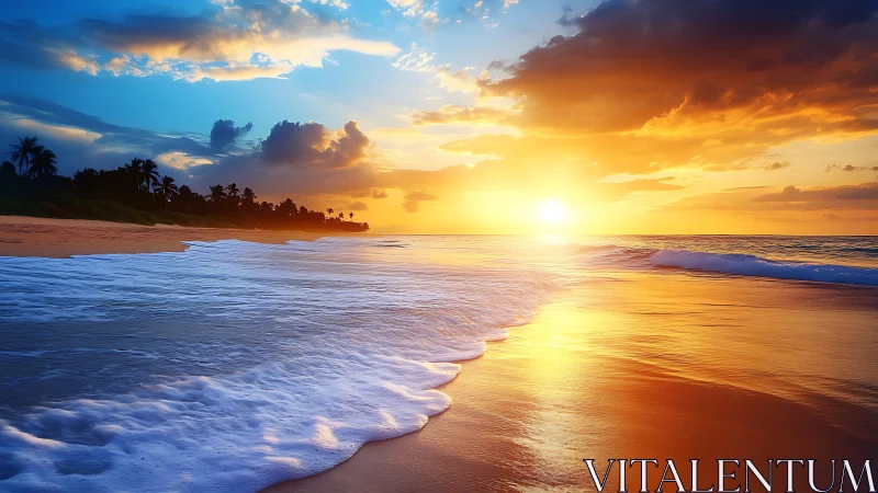 Sunlit tropical shoreline glows under vivid sunset sky.