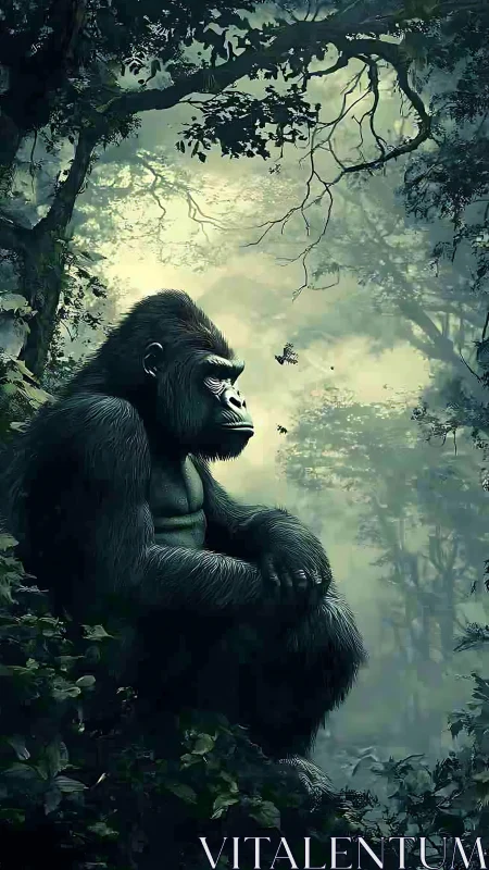 Contemplative gorilla rests in a misty emerald rainforest