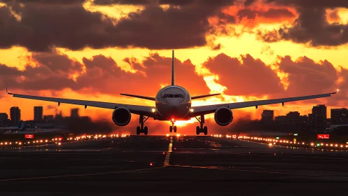 Passenger jet landing against vivid sunset skyline glow.