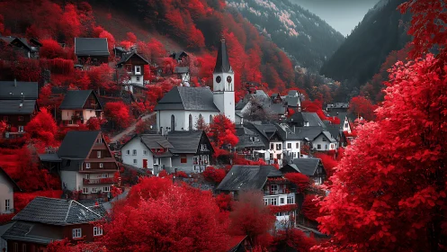 Crimson valley village glows softly around a quiet white church