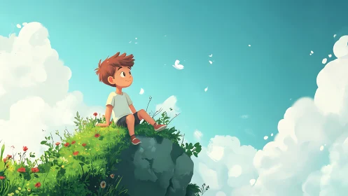 Boy sits on grassy hilltop under bright blue sky with clouds