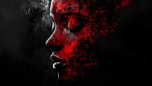 Textured red side-profile portrait uses grunge overlay abstraction