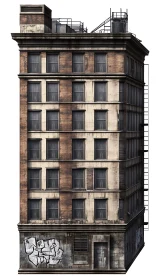 Aged urban brick midrise with graffiti-scarred facade.