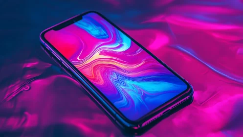 Smartphone with Psychedelic Fluid Gradient Display in Neon Environment