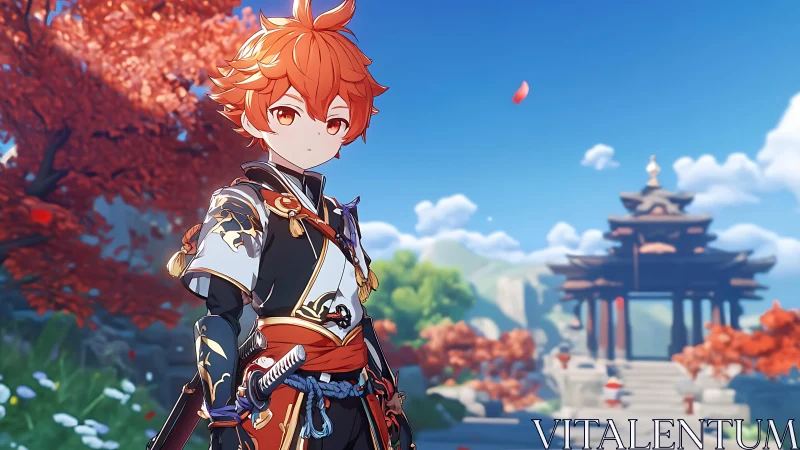 Armored anime swordsman framed by shallow-depth temple landscape