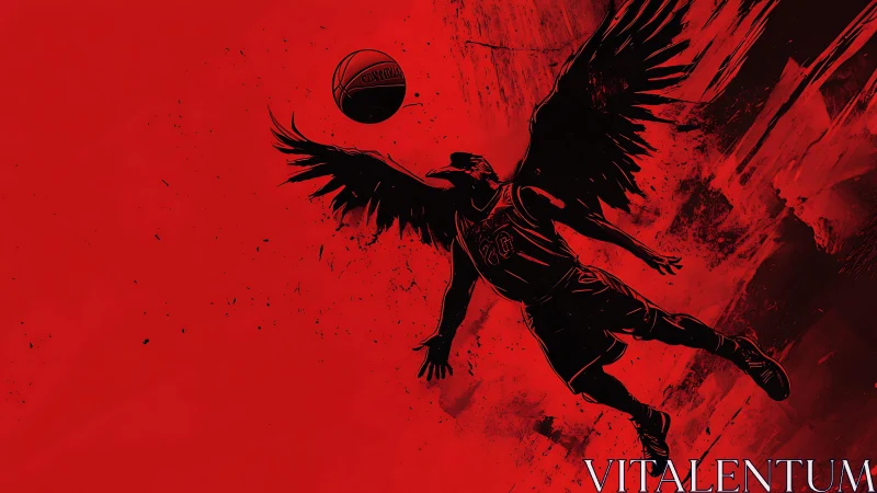 Winged basketball player soars toward ball on red field
