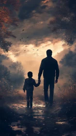 Father and child walk hand in hand along misty forest path