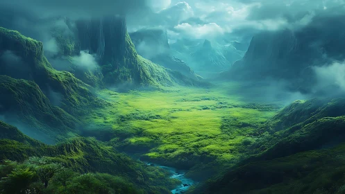 Misty emerald valley cradled by towering dreamlike cliffs.