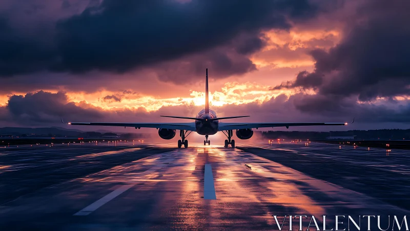 Airliner waits on wet runway beneath dramatic sunset sky.