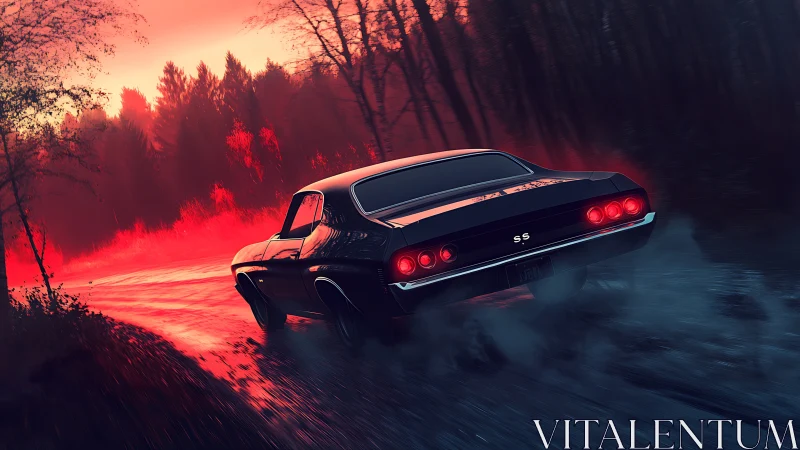 Muscle car drifting through a fiery twilight forest road.