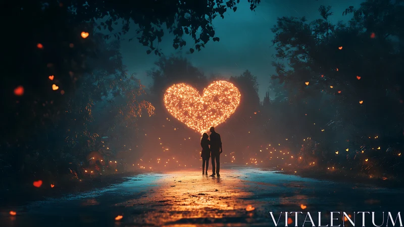 Luminescent Heart Silhouette: Dual Figures Urban Nocturnal Composition.
