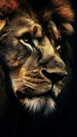 Majestic lion portrait rendered in dramatic low key light
