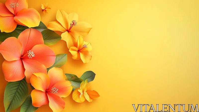 Tropical Hibiscus Blooms on Golden Background.