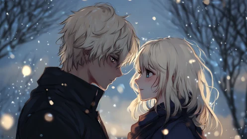 Blonde couple shares quiet gaze under soft winter snowfall