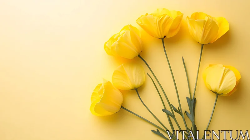 Six yellow flowers arranged against monochromatic pale background.