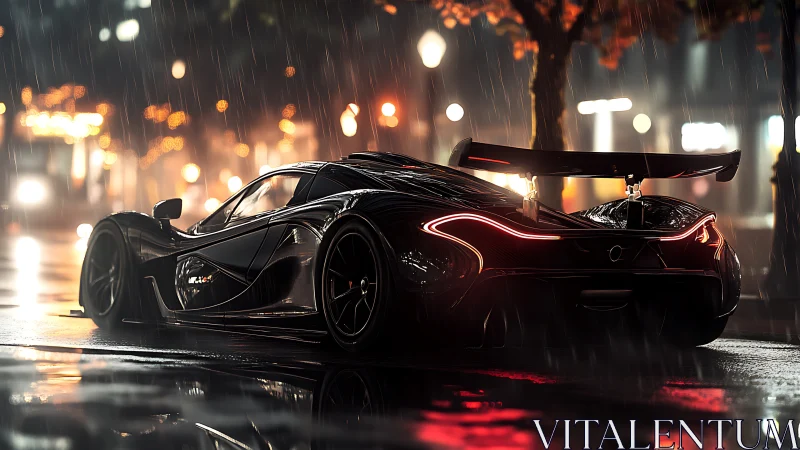 Black hypercar reflects neon rainlight on wet night street