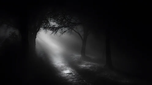 Monochrome forest path with fog and directional light beams.