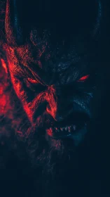 Demonic portrait burns through shadow with crimson glare.