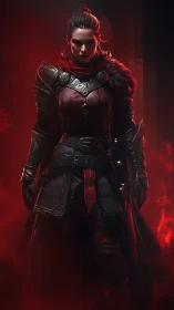 Armored female figure stands in red-illuminated environment