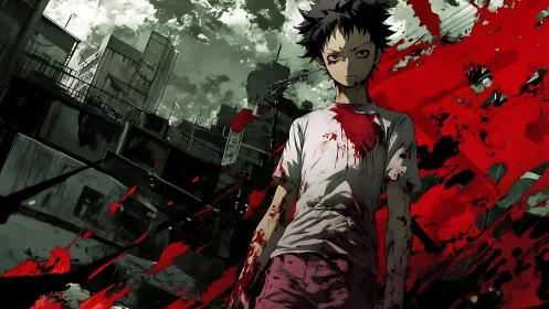 Bloodstained boy stands in ruined city with red splatters