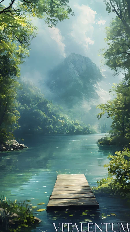 Serene mountain lake with wooden dock in luminous digital painting