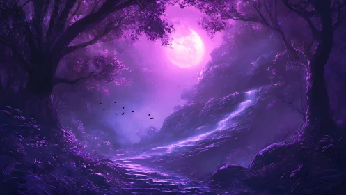 Luminous violet forest path under radiant full moon glow