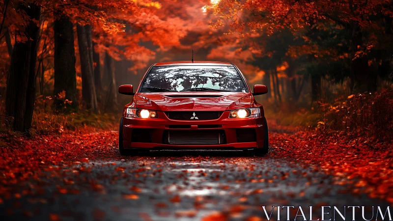 Red performance sedan framed by dense autumn foliage glow