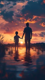 Silhouetted footsteps stitch sunset colors across the water