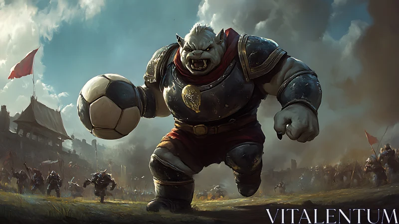 Orc warrior charges across battlefield holding soccer ball.