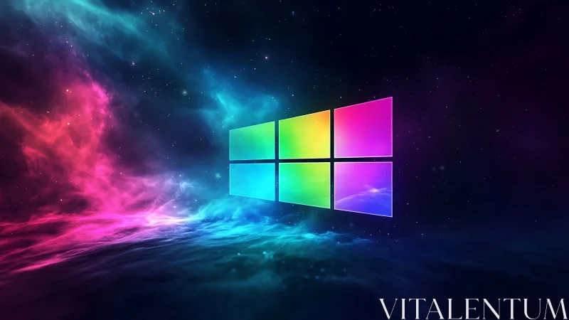 Multicolor window logo over nebula styled cosmic field.
