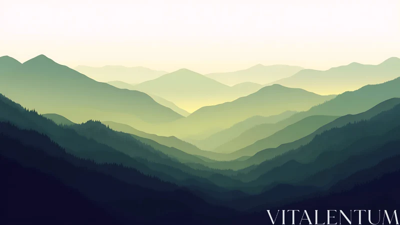 Layered green mountains recede into a hazy distant horizon