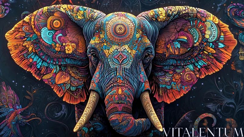 Psychedelic elephant portrait glows with ornate mandala patterns.
